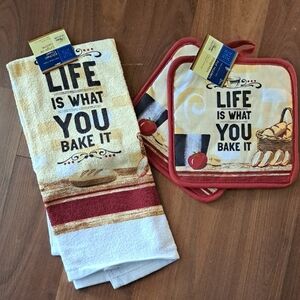 Life is What You Bake It Kitchen Towel and Pot Holder Set
